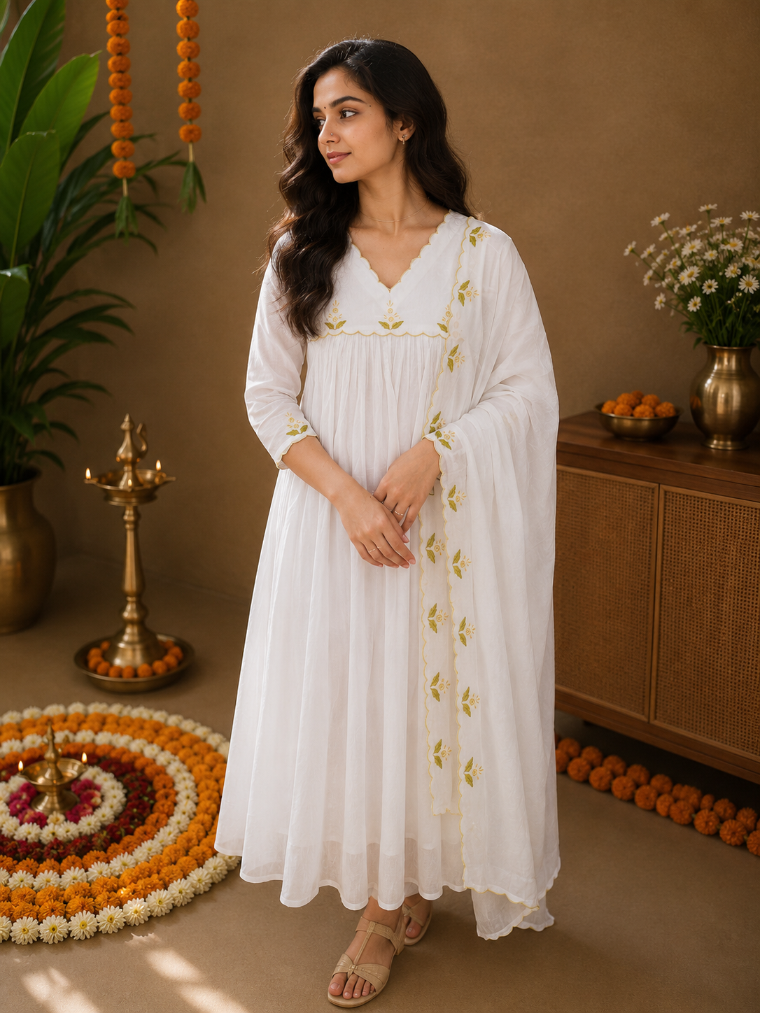 White viscose organza Aline kurti with thread embroidery scalloped yoke and dupatta MBS-1267