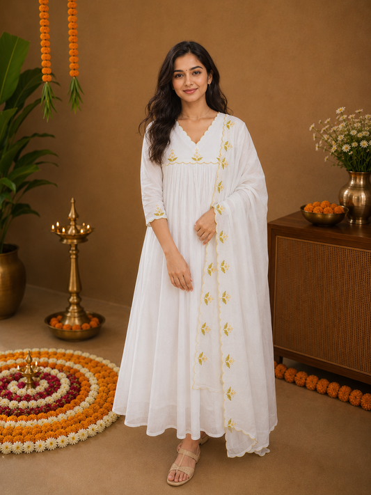 White viscose organza Aline kurti with thread embroidery scalloped yoke and dupatta MBS-1267
