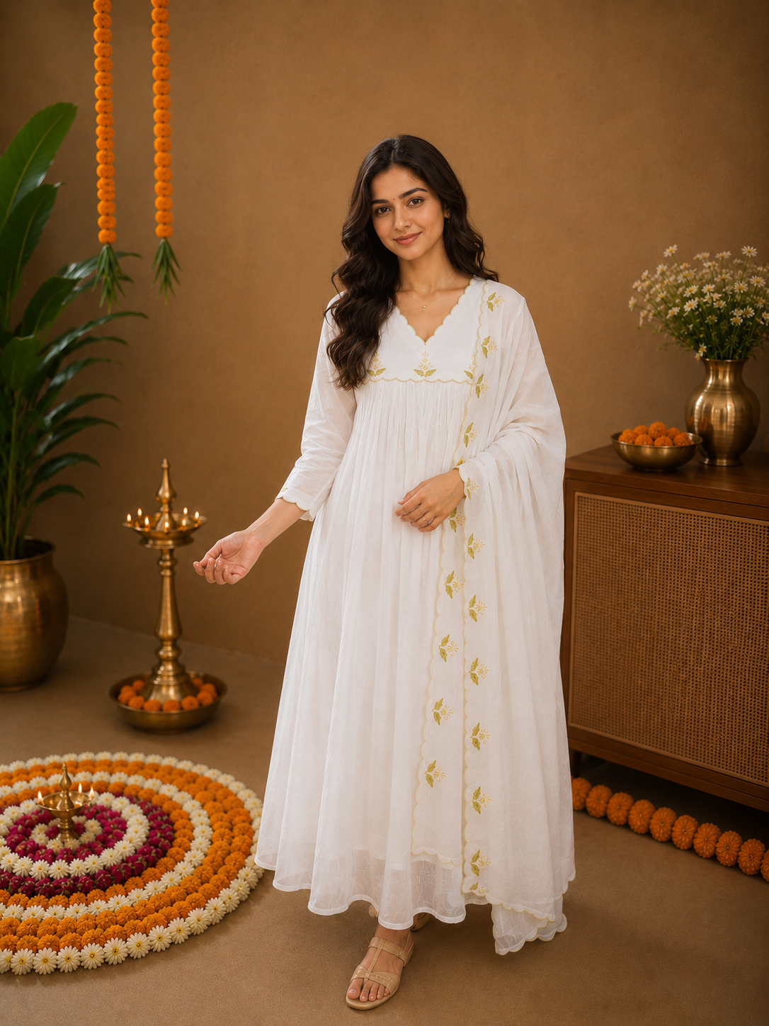 White viscose organza Aline kurti with thread embroidery scalloped yoke and dupatta MBS-1267