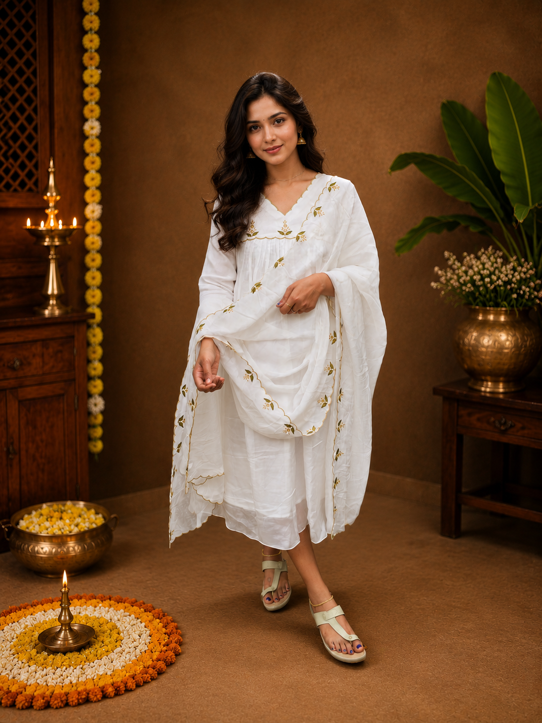 White viscose organza Aline kurti with thread embroidery scalloped yoke and dupatta MBS-1267