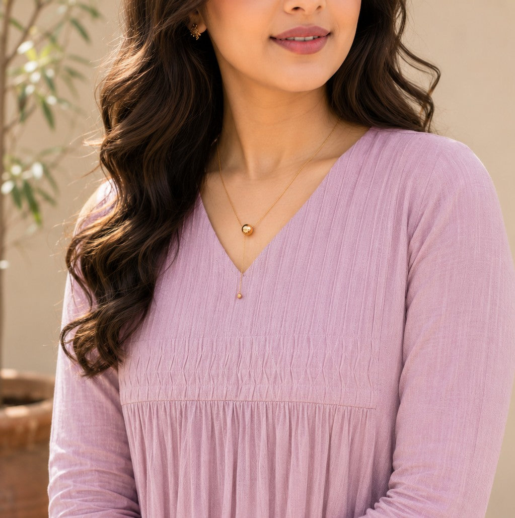 Mauve shaded cotton slub Aline kurti with curved pleated yoke and sleeves MBS-1254 **Ready to dispatch**