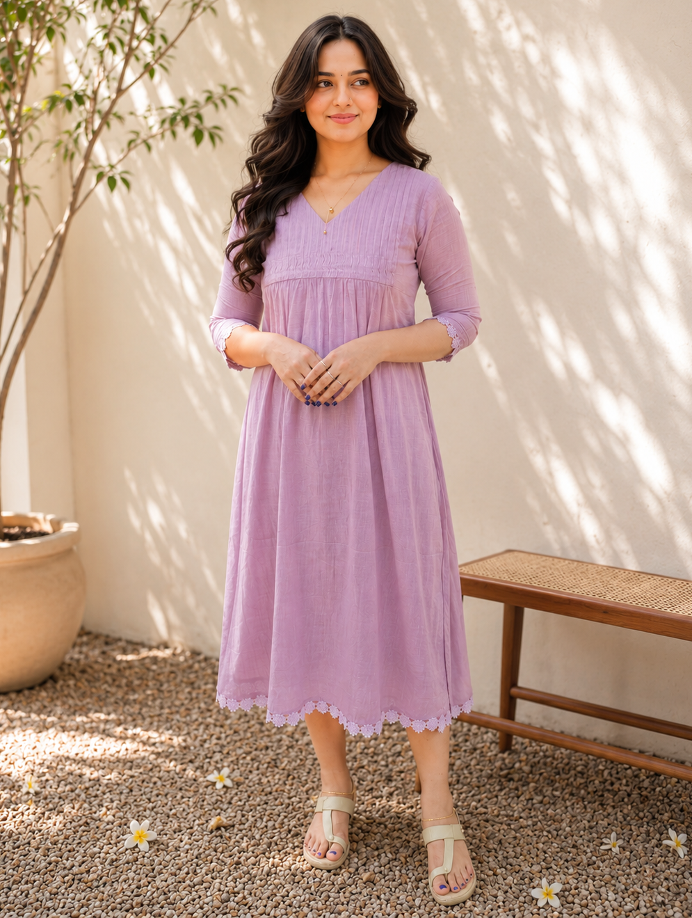 Mauve shaded cotton slub Aline kurti with curved pleated yoke and sleeves MBS-1254 **Ready to dispatch**