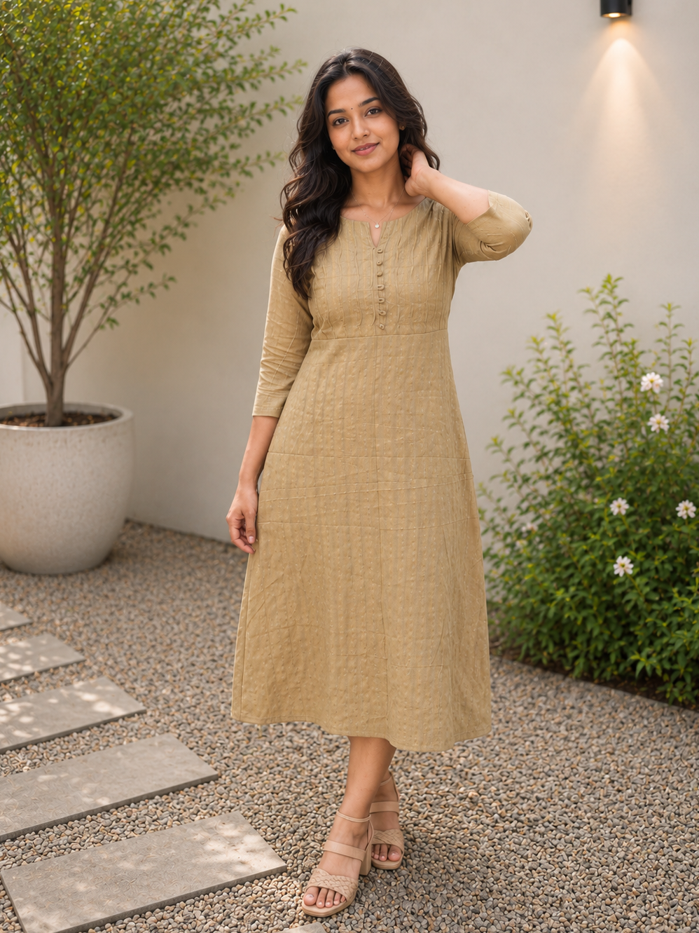 Dark beige golden lurex lined cotton Aline kurti with curved pleats on yoke MBS-1173 **Ready to dispatch**