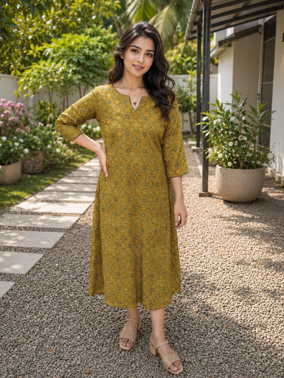 Yellow Printed cotton Aline kurti with green piping MBS-1221 **Ready to dispatch**