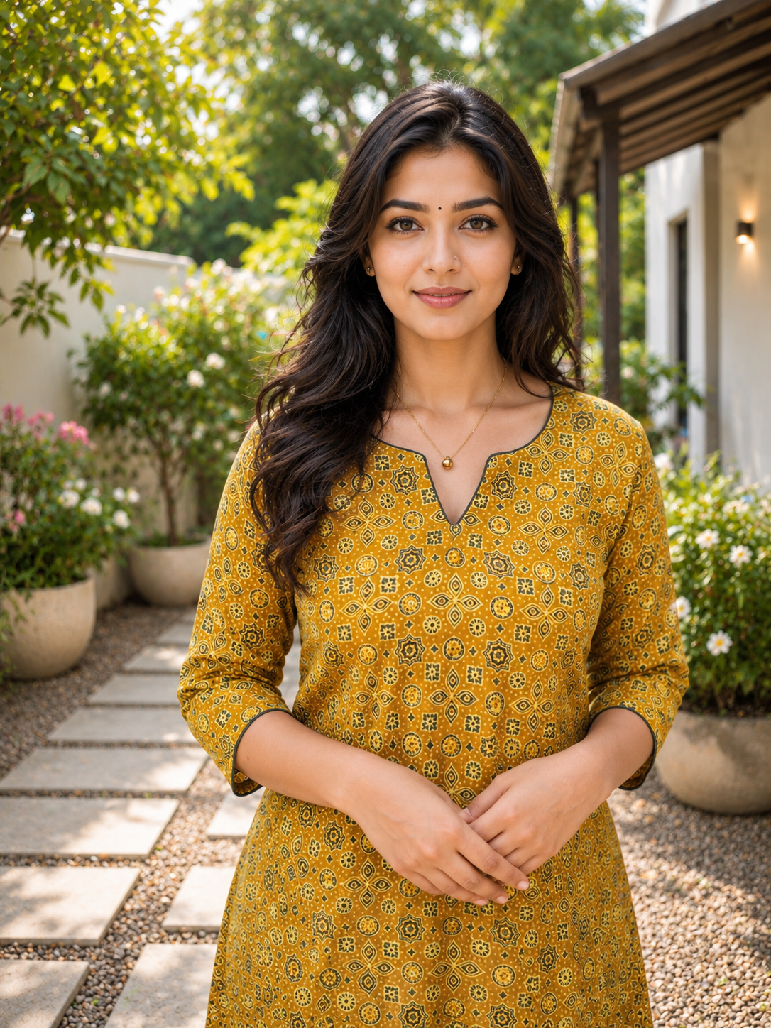 Yellow Printed cotton Aline kurti with green piping MBS-1221 **Ready to dispatch**