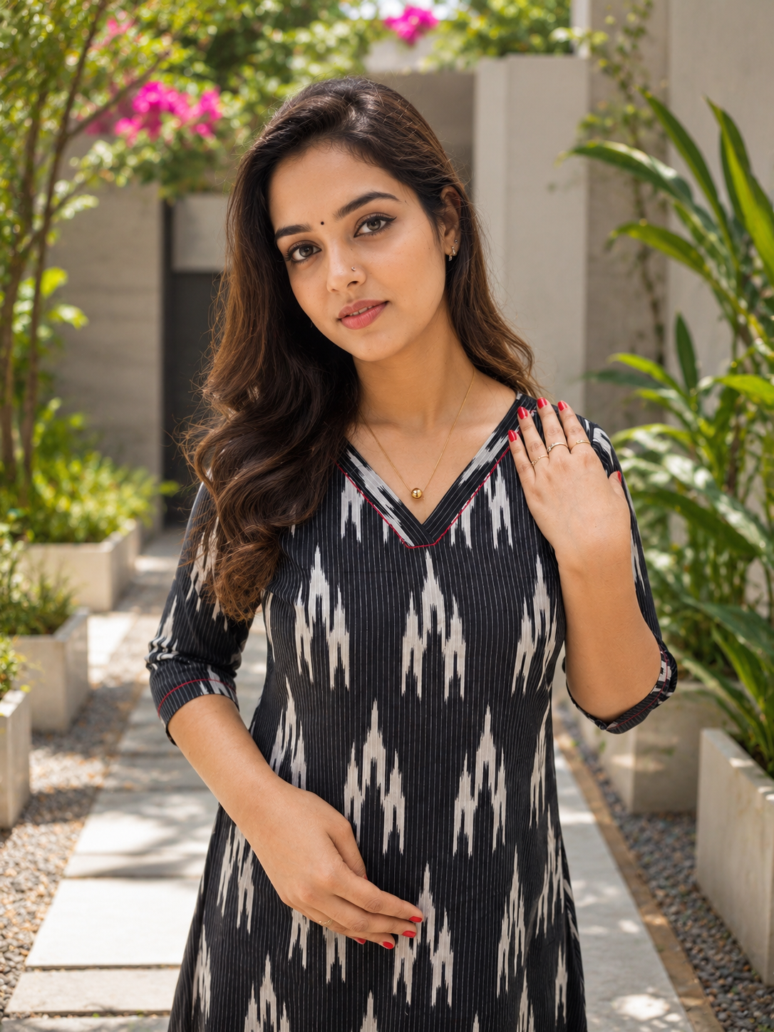 Black cotton printed Aline kurti with thread detailed neckline MBS-1161 **Ready to dispatch**