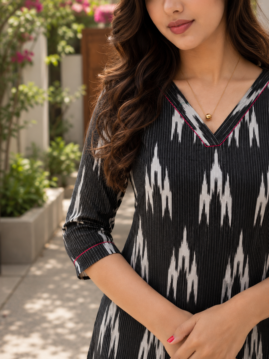Black cotton printed Aline kurti with thread detailed neckline MBS-1161 **Ready to dispatch**