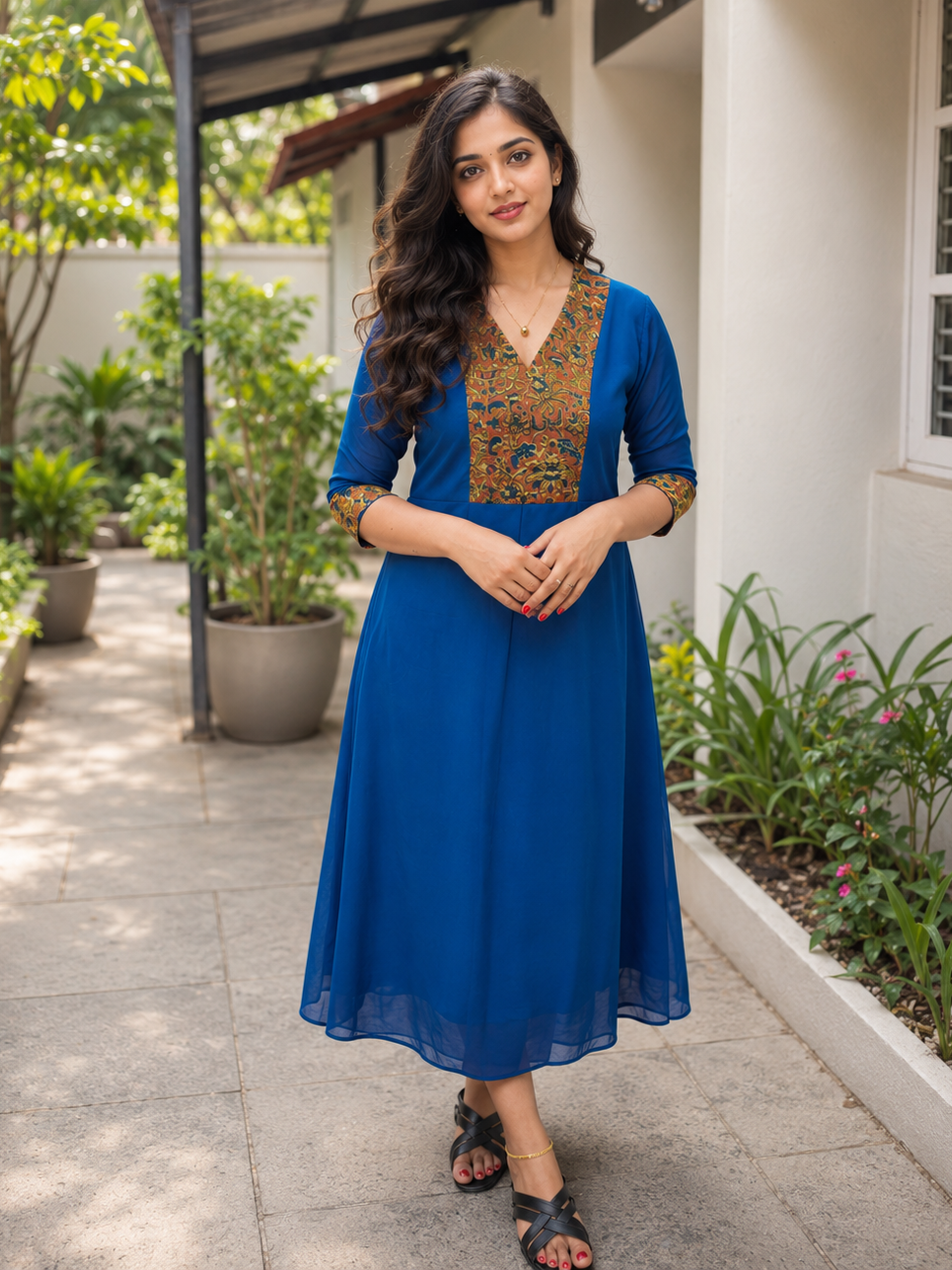 Blue georgette Aline kurti with kalamkari printed yoke MBS-1279 **Ready to dispatch**