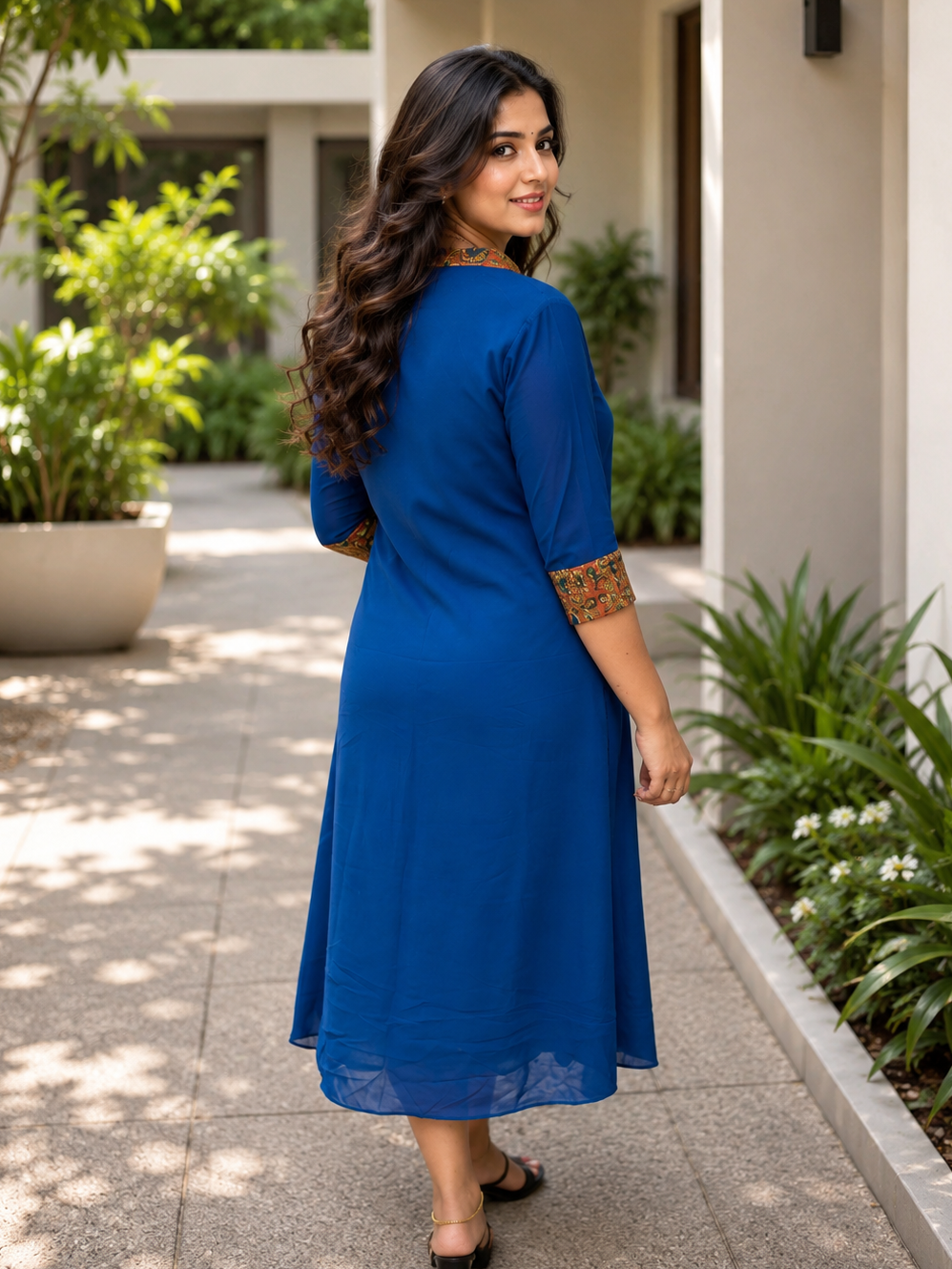 Blue georgette Aline kurti with kalamkari printed yoke MBS-1279 **Ready to dispatch**