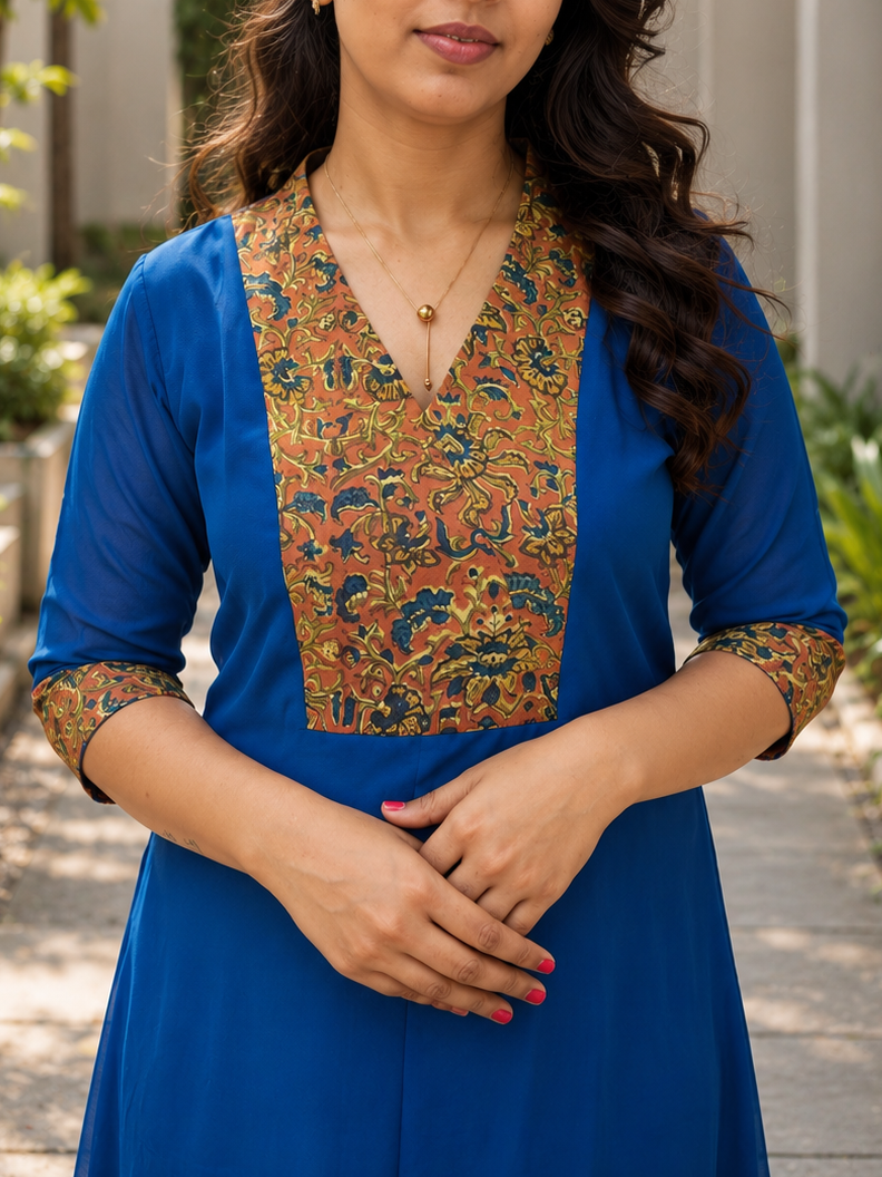 Blue georgette Aline kurti with kalamkari printed yoke MBS-1279 **Ready to dispatch**