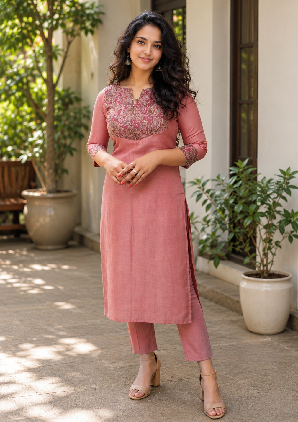 Rosy brown shaded Viscose chanderi Kurti with printed yoke MBS-1286 **Ready to dispatch**