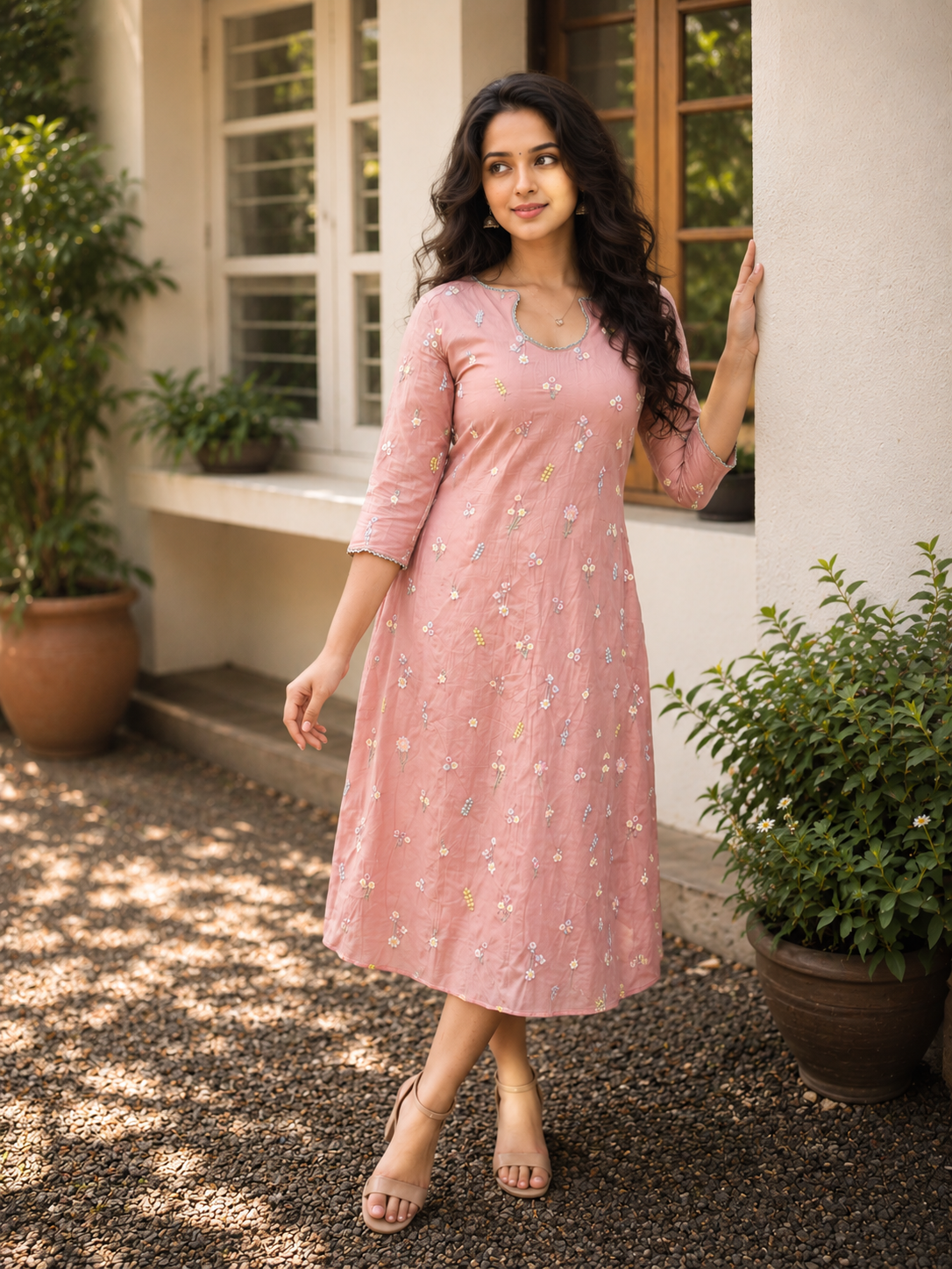 Peach shaded mul chanderi Aline kurti with lace detailed neckline and sleeves MBS-1248 **Ready to dispatch**