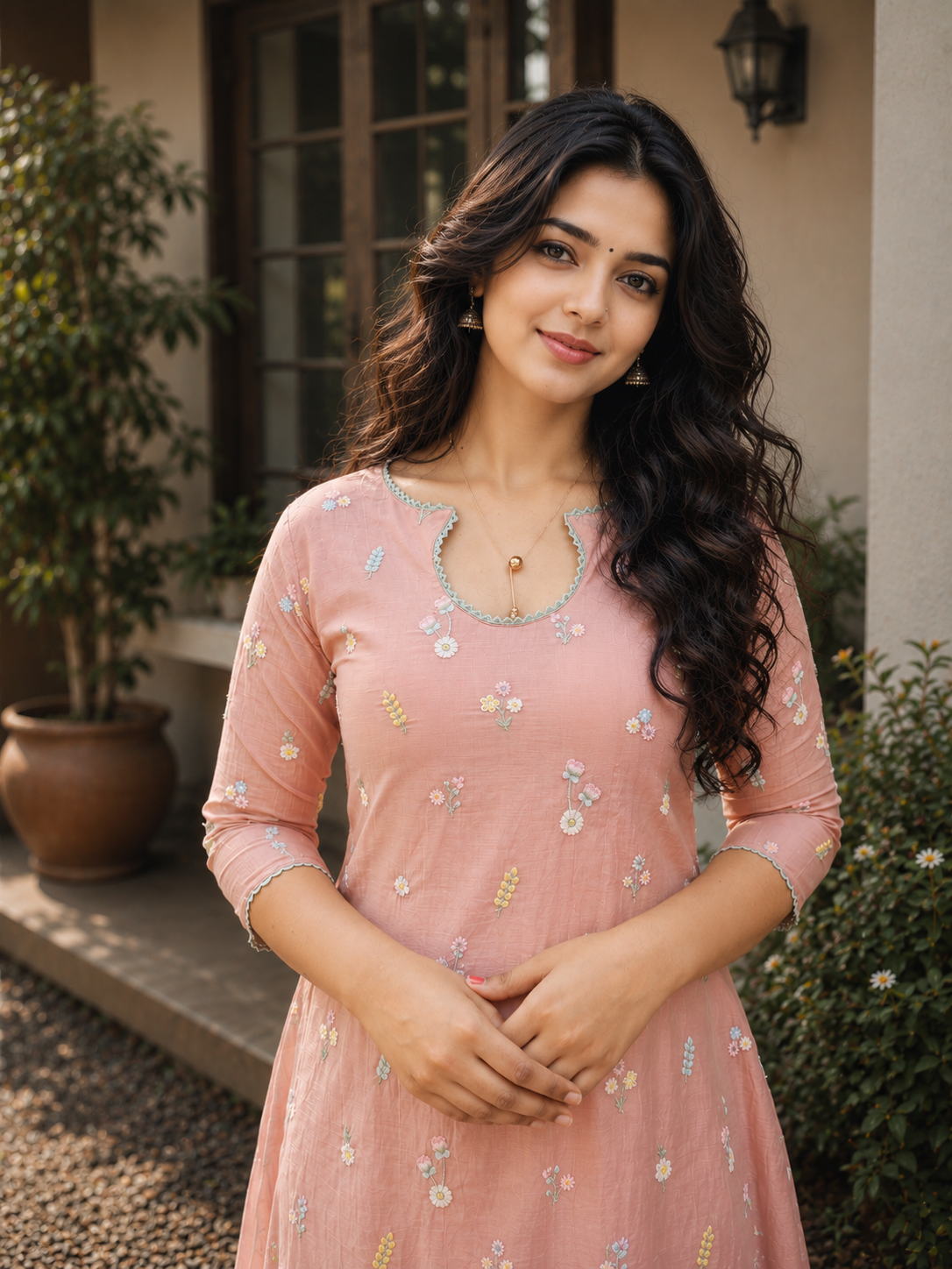Peach shaded mul chanderi Aline kurti with lace detailed neckline and sleeves MBS-1248 **Ready to dispatch**