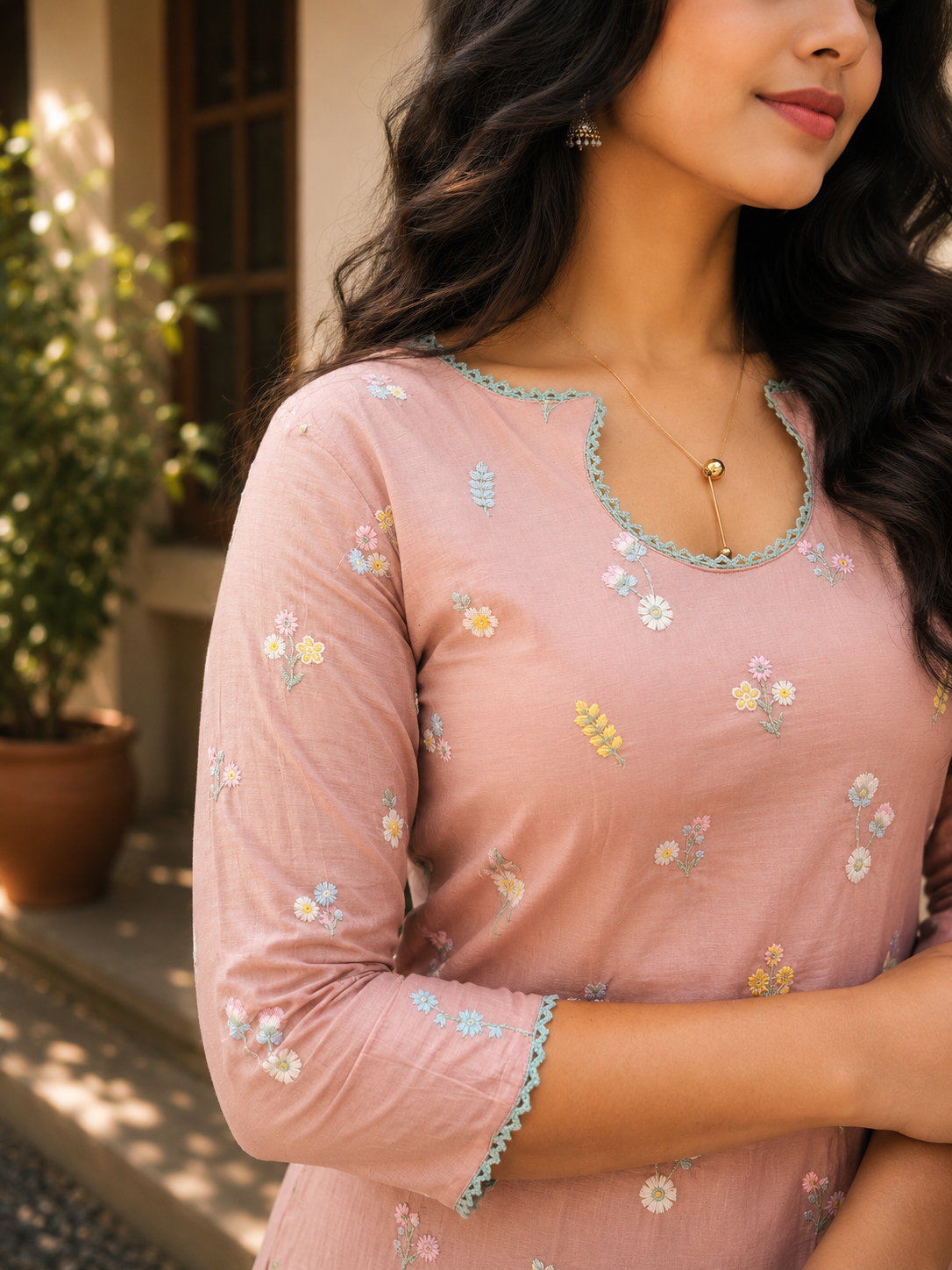 Peach shaded mul chanderi Aline kurti with lace detailed neckline and sleeves MBS-1248 **Ready to dispatch**