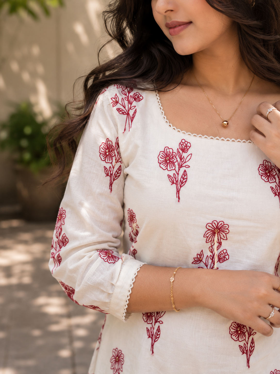 Kora cotton Aline kurti with all over red floral thread embroidery detailings MBS-1281 **Ready to dispatch** "Onam 26"