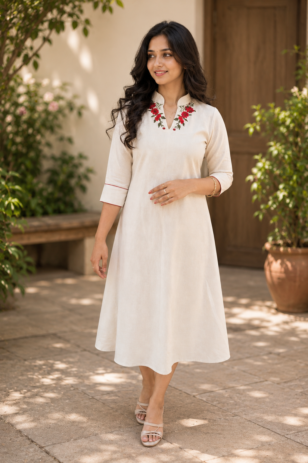 Off white flex cotton Aline kurti with floral thread embroidered neckline MBS-1265 **Onam 26**
