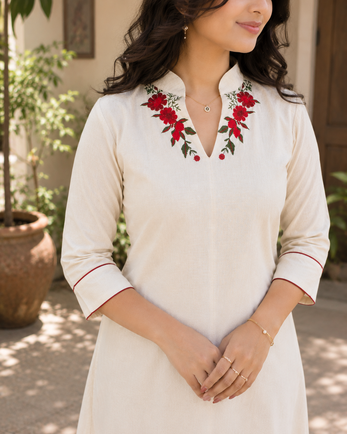 Off white flex cotton Aline kurti with floral thread embroidered neckline MBS-1265 **Onam 26**