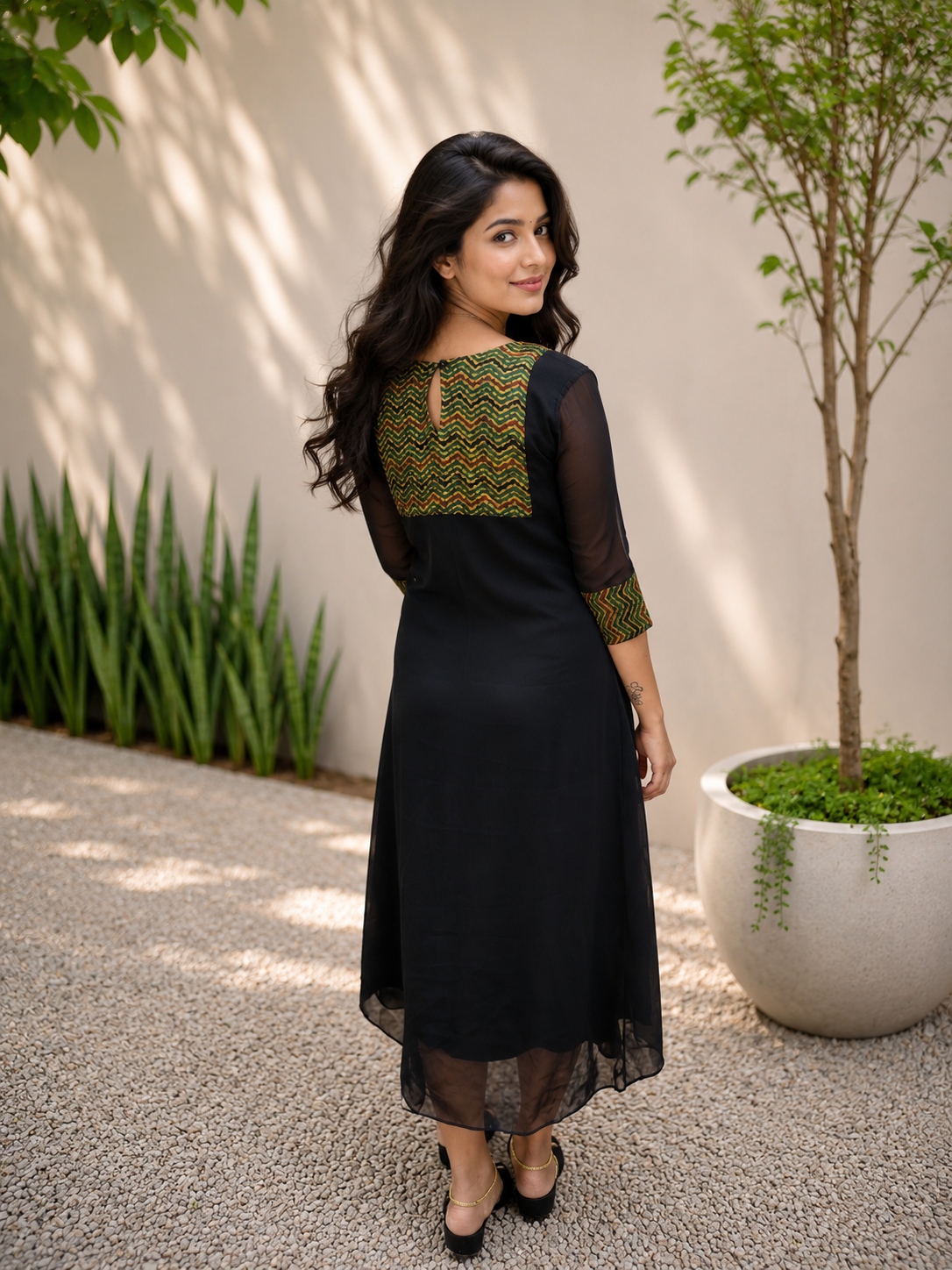 Black georgette Aline kurti with yellow modal silk yoke MBS-1159 **Ready to dispatch**