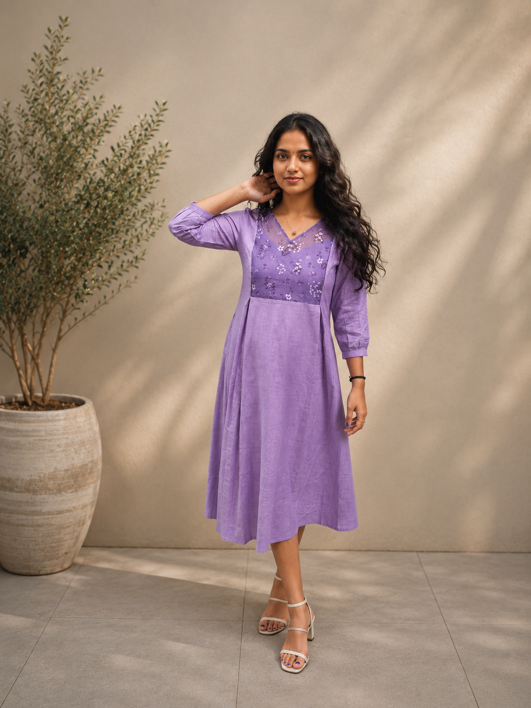 Lavender cotton slub Aline Kurti with organza yoke MBS-1231 **Ready to dispatch**