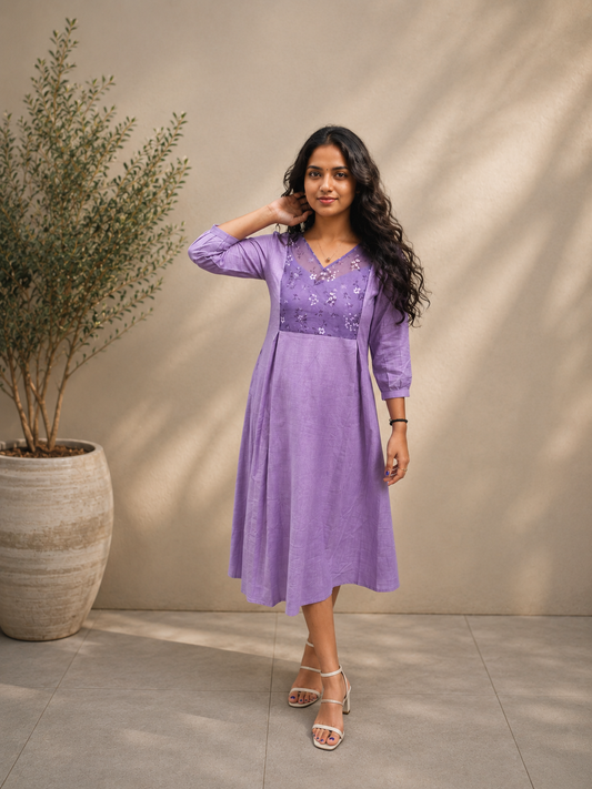 Lavender cotton slub Aline Kurti with organza yoke MBS-1231 **Ready to dispatch**