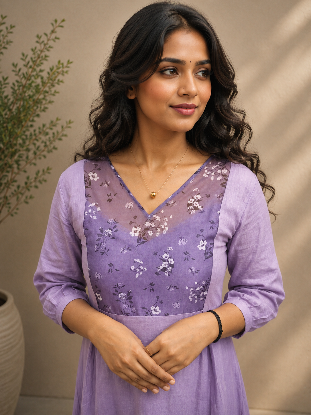 Lavender cotton slub Aline Kurti with organza yoke MBS-1231 **Ready to dispatch**