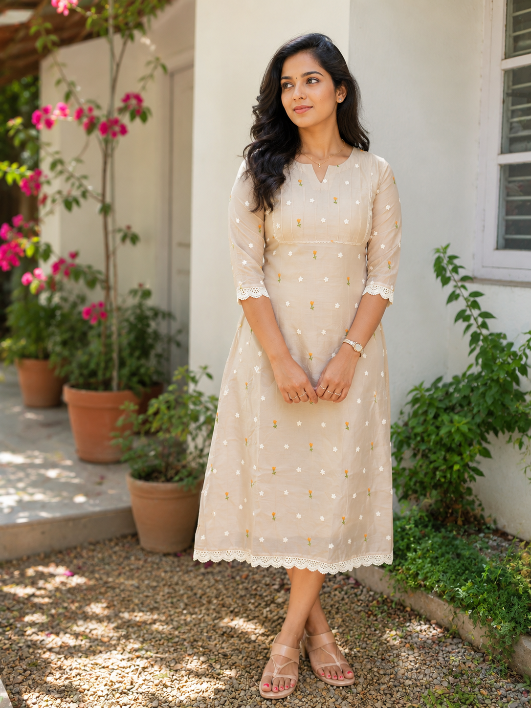 Ivory shaded mul chanderi Aline kurti with all over floral thread embroidery MBS-1278 **Ready to dispatch**