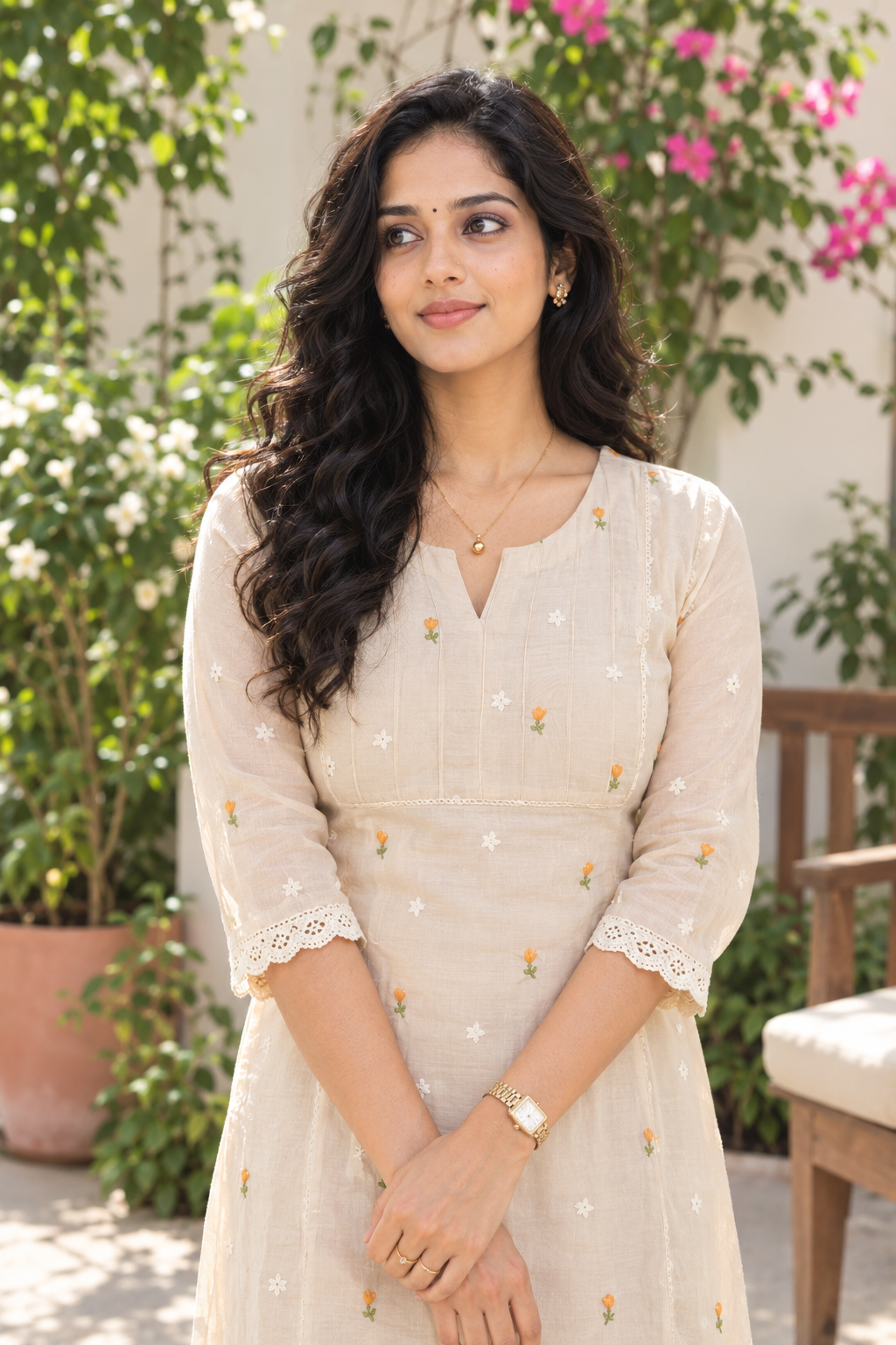 Ivory shaded mul chanderi Aline kurti with all over floral thread embroidery MBS-1278 **Ready to dispatch**
