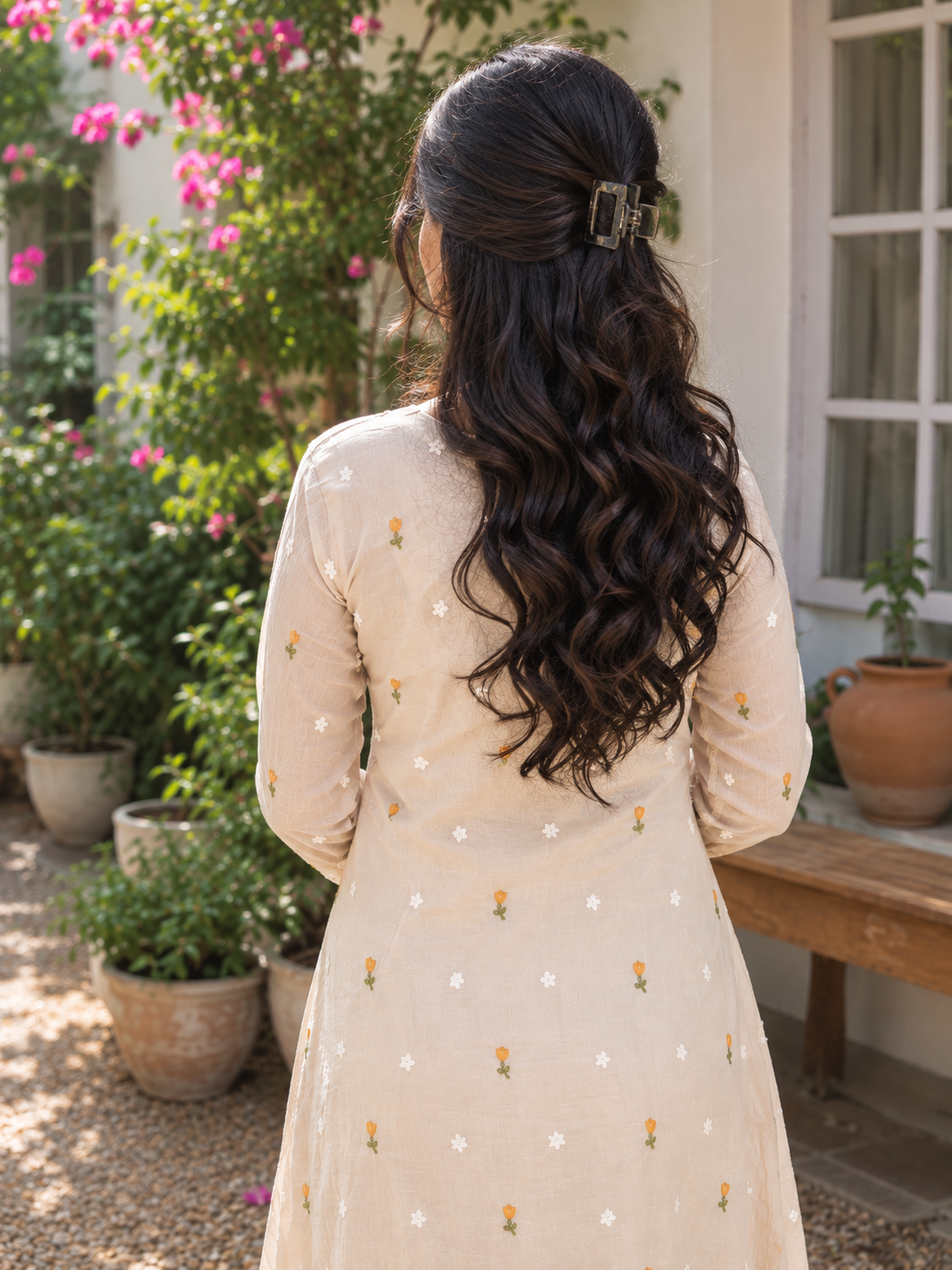 Ivory shaded mul chanderi Aline kurti with all over floral thread embroidery MBS-1278 **Ready to dispatch**