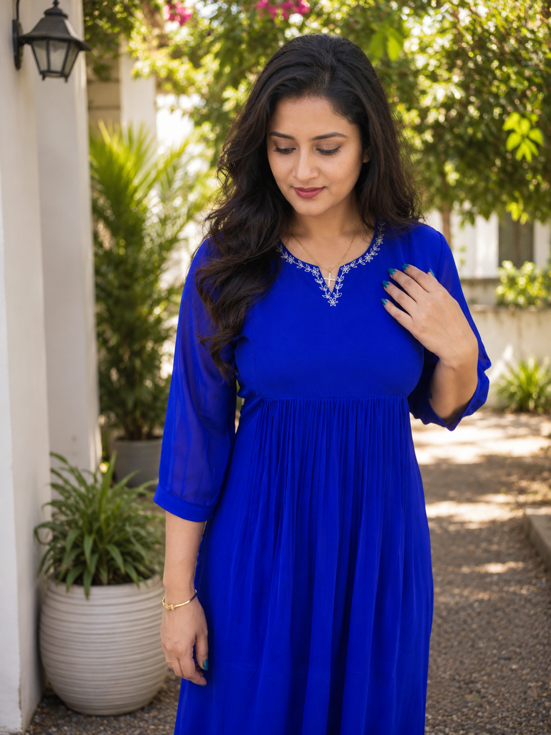 Royal blue georgette Aline kurti with zari thread detailed neckline MBS-1350 **Ready to dispatch**