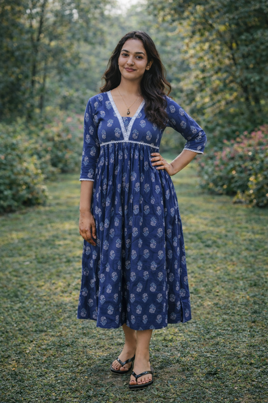 Blue floral printed cotton Aline kurti with lace detailing  MBS-815 ** ready to dispatch**