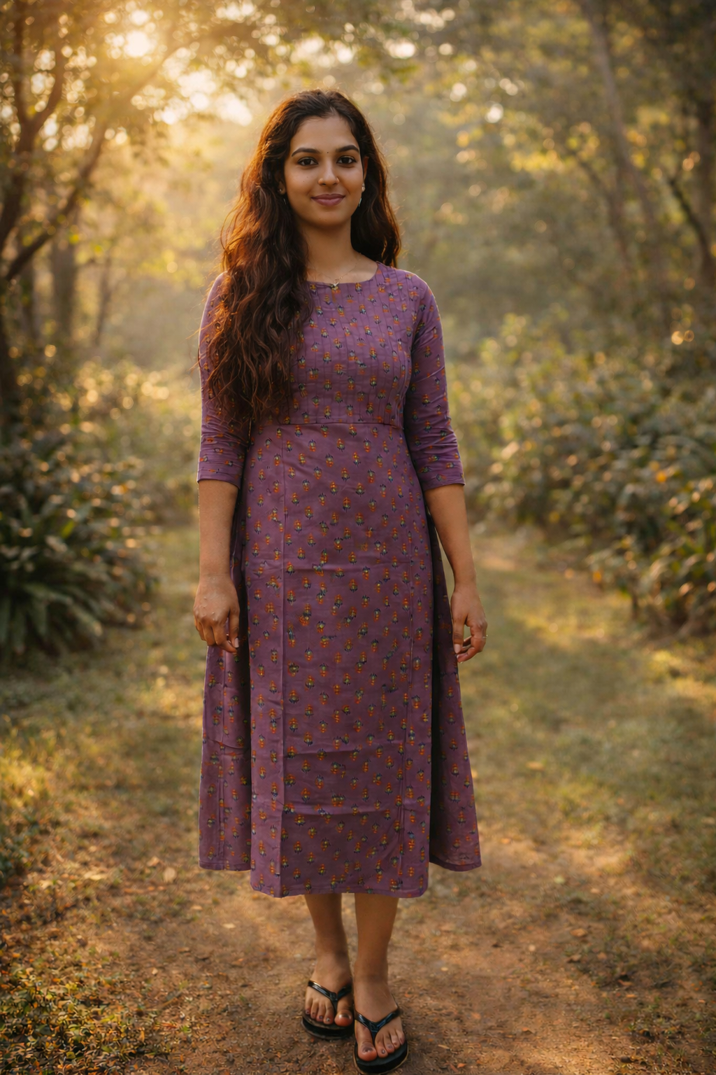 Lilac shaded floral printed cotton Aline kurti with pintucked yoke MBS-793 ** Ready to dispatch **