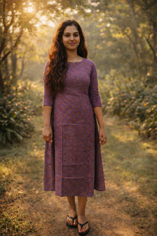 Lilac shaded floral printed cotton Aline kurti with pintucked yoke MBS-793 ** Ready to dispatch **