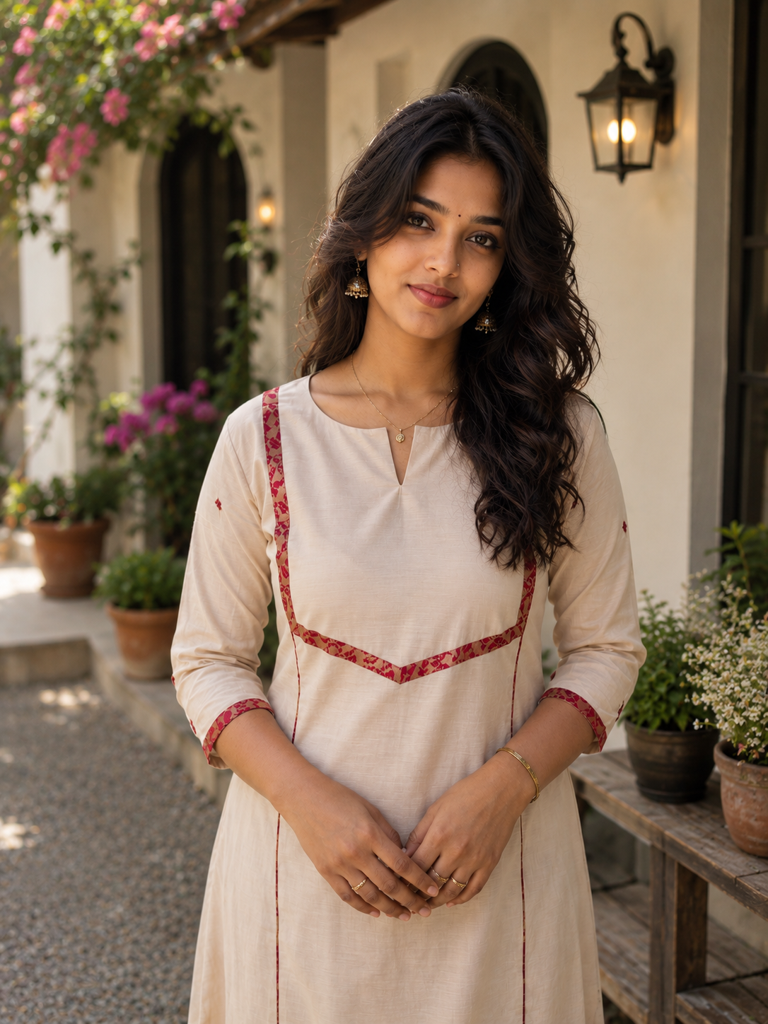 Beige shaded mulchanderi Aline Kurti with brocade pipping and handwork detailed sleeves MBS-1306 **Ready to dispatch** **Onam 26**