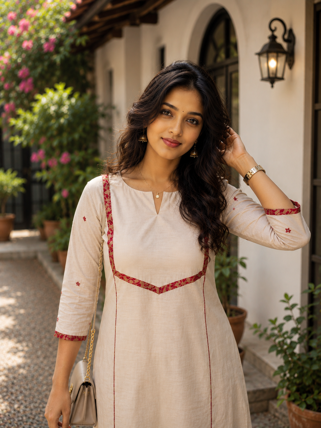 Beige shaded mulchanderi Aline Kurti with brocade pipping and handwork detailed sleeves MBS-1306 **Ready to dispatch** **Onam 26**