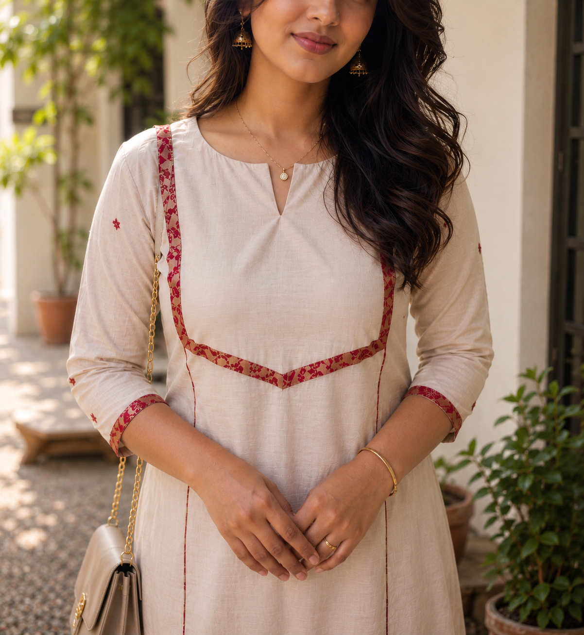 Beige shaded mulchanderi Aline Kurti with brocade pipping and handwork detailed sleeves MBS-1306 **Ready to dispatch** **Onam 26**