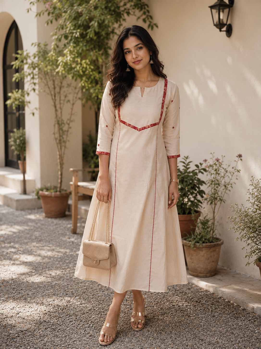 Beige shaded mulchanderi Aline Kurti with brocade pipping and handwork detailed sleeves MBS-1306 **Ready to dispatch** **Onam 26**