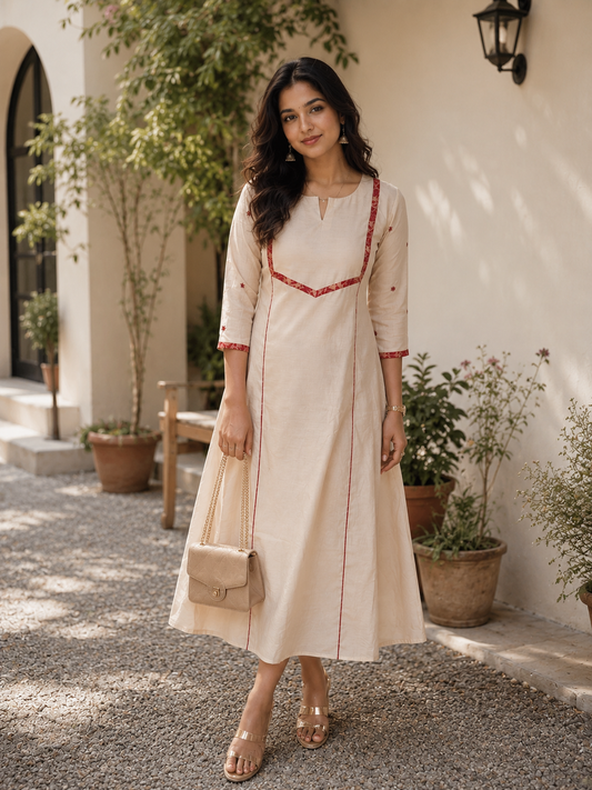 Beige shaded mulchanderi Aline Kurti with brocade pipping and handwork detailed sleeves MBS-1306 **Ready to dispatch** **Onam 26**