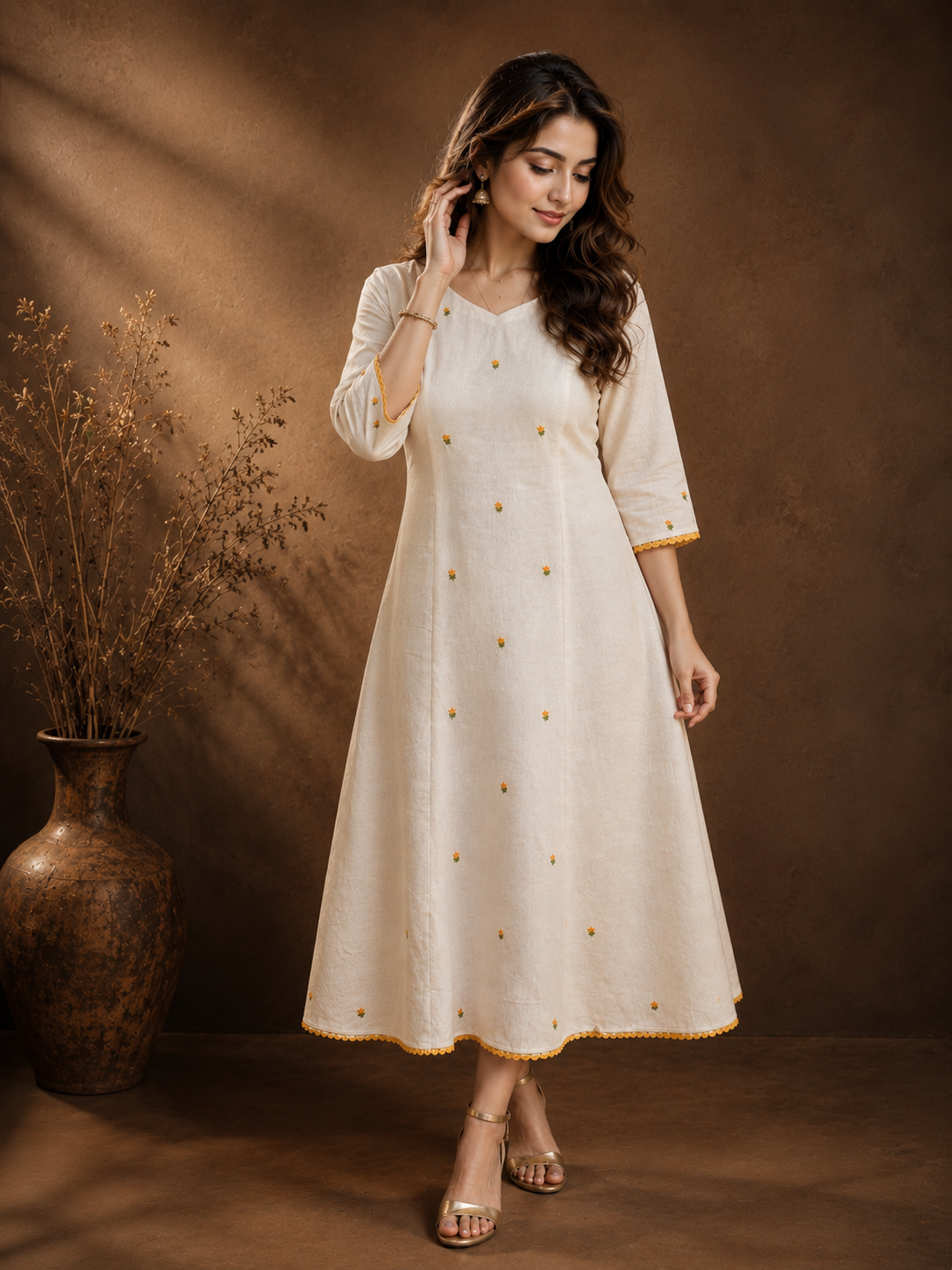 Off-white flex cotton Aline kurti with hand embroidered middle panel and hemline MBS-1313 **Onam 26**