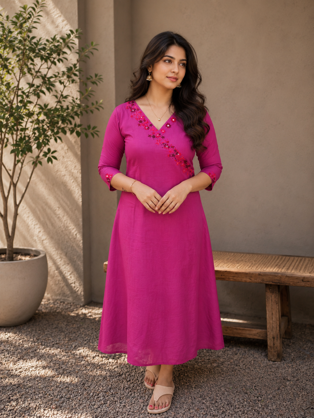 Amaranth shaded mul cotton Aline kurti with handwork detailed overlapped neck MBS-1326 **Ready to dispatch**