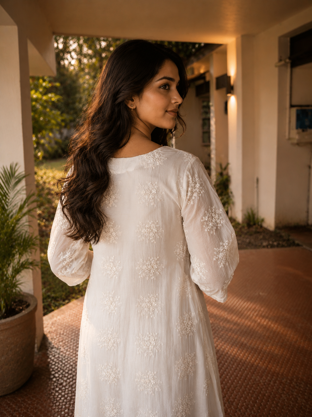 Pearl white mulchanderi Aline kurti/dress with all over floral thread embroidery detailings MBS-1289