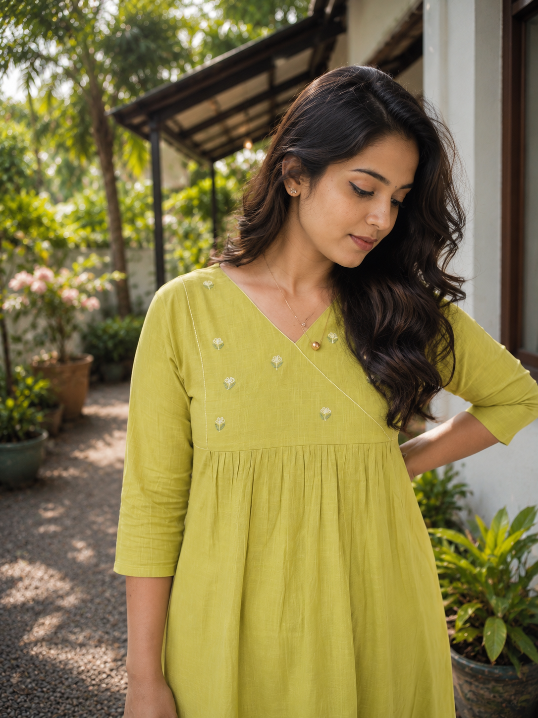 Sheen green cotton slub Aline kurti/dress with handworked yoke and gathers MBS-1329 **Ready to dispatch**