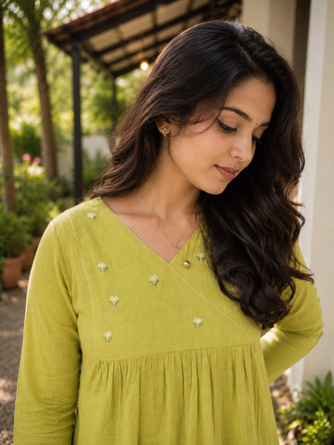 Sheen green cotton slub Aline kurti/dress with handworked yoke and gathers MBS-1329 **Ready to dispatch**