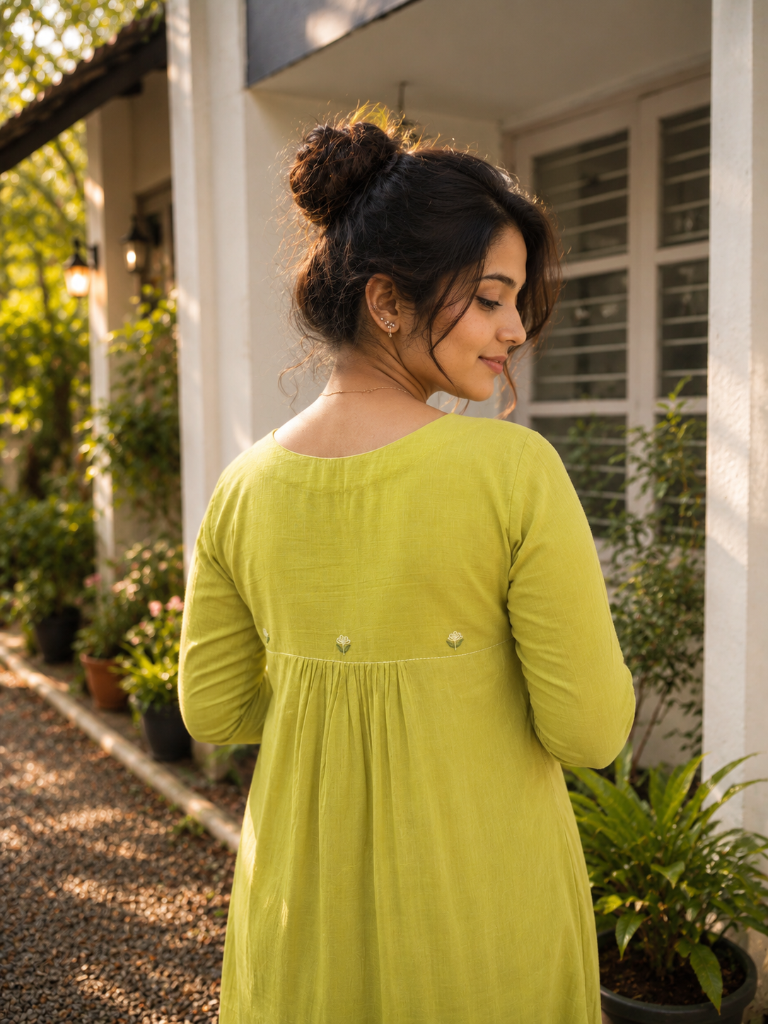 Sheen green cotton slub Aline kurti/dress with handworked yoke and gathers MBS-1329 **Ready to dispatch**