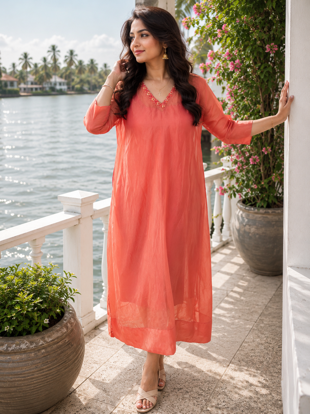 Coral peach shaded golden threaded organza Antifit Aline kurti/dress MBS-1347 **Ready to dispatch**