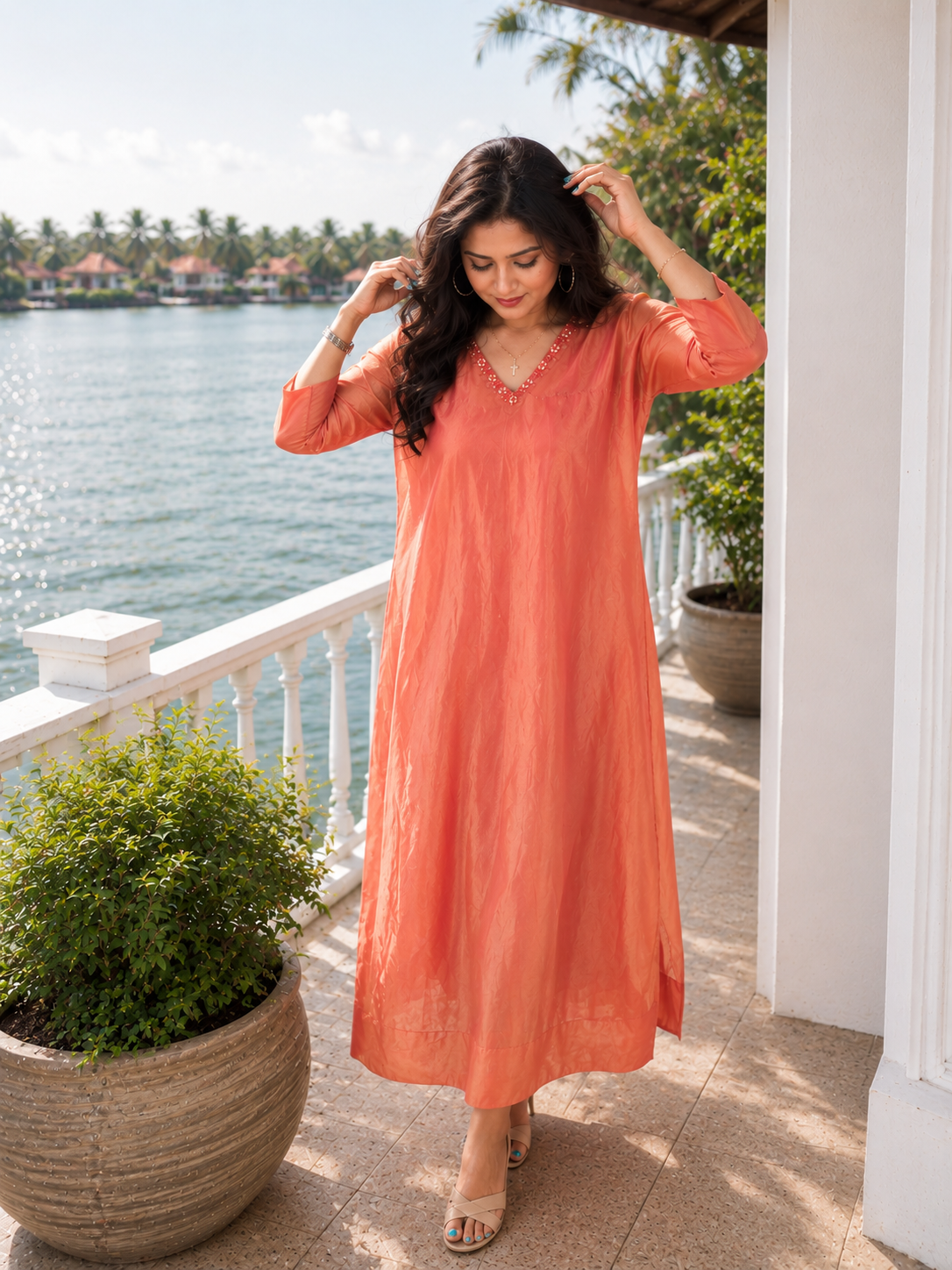 Coral peach shaded golden threaded organza Antifit Aline kurti/dress MBS-1347 **Ready to dispatch**