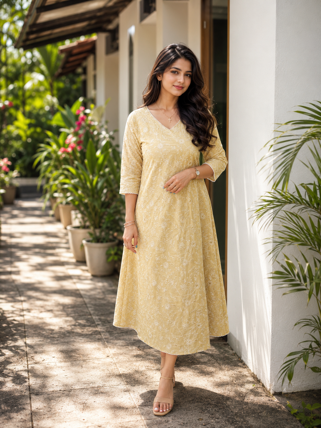 Pastel yellow shaded mul chanderi Aline kurti/dress with all over thread embroidery detailings MBS-1320 **Ready to dispatch**