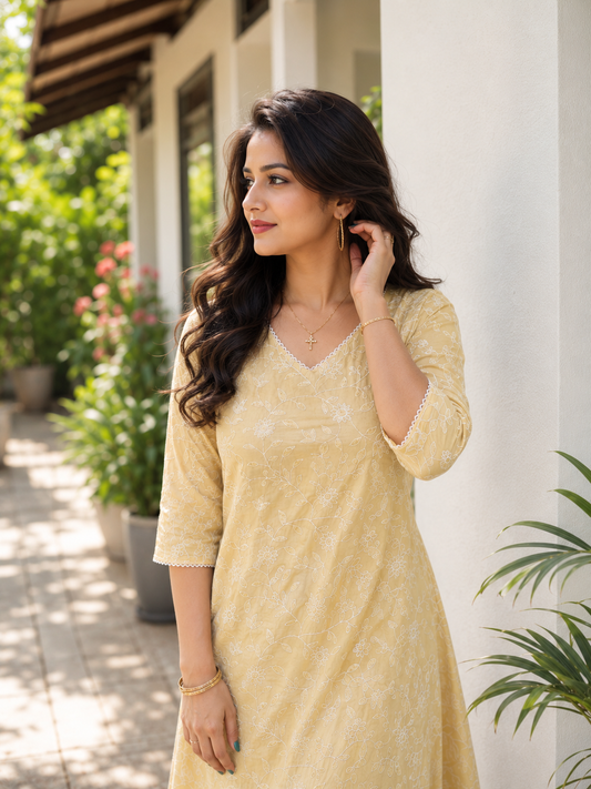 Pastel yellow shaded mul chanderi Aline kurti/dress with all over thread embroidery detailings MBS-1320 **Ready to dispatch**