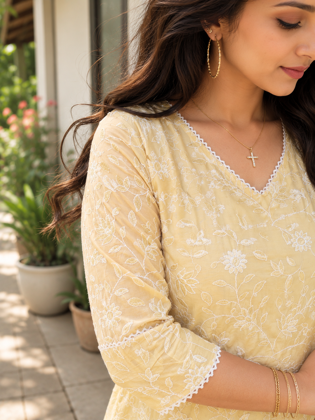 Pastel yellow shaded mul chanderi Aline kurti/dress with all over thread embroidery detailings MBS-1320 **Ready to dispatch**