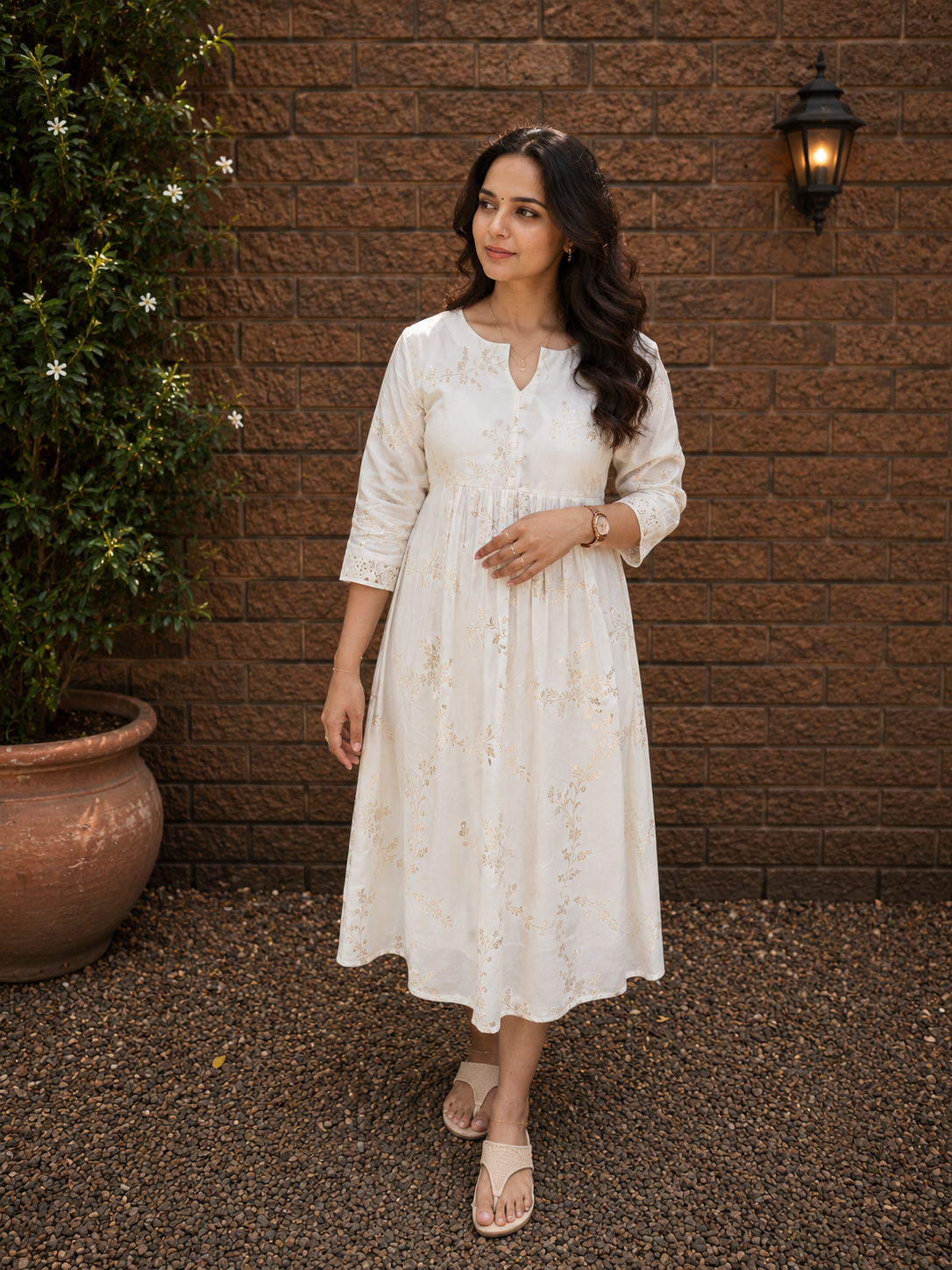 Off-white soft tissue silk Aline kurti with all over golden zari floral works and gathers MBS-1317 **Ready to dispatch**