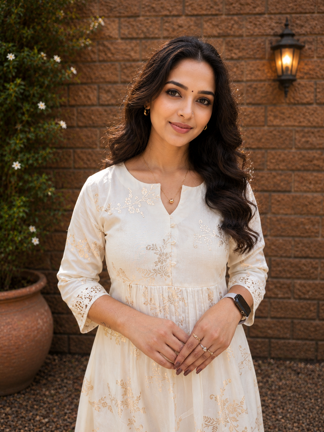 Off-white soft tissue silk Aline kurti with all over golden zari floral works and gathers MBS-1317 **Ready to dispatch**